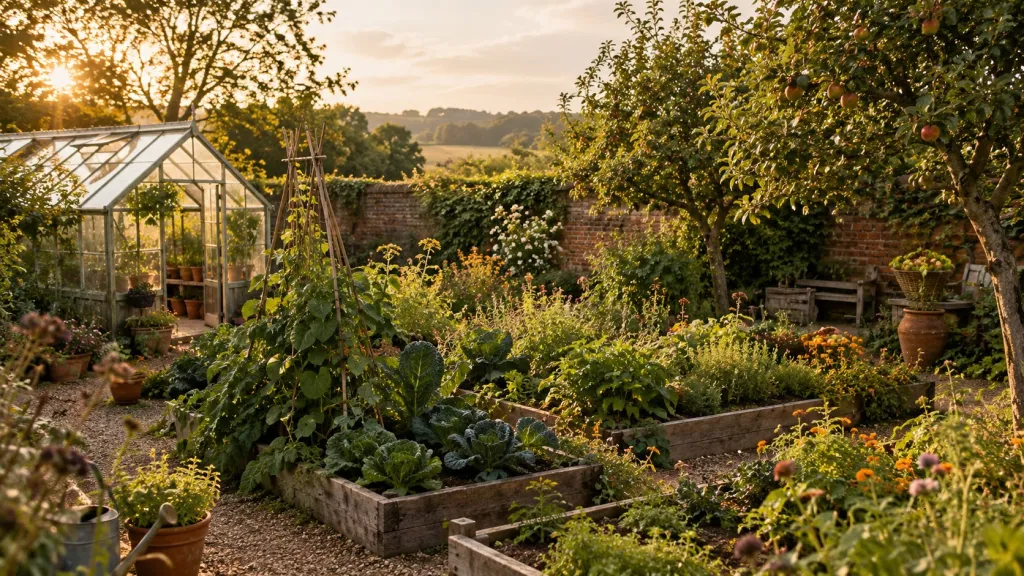 A cottage kitchen garden in late summer