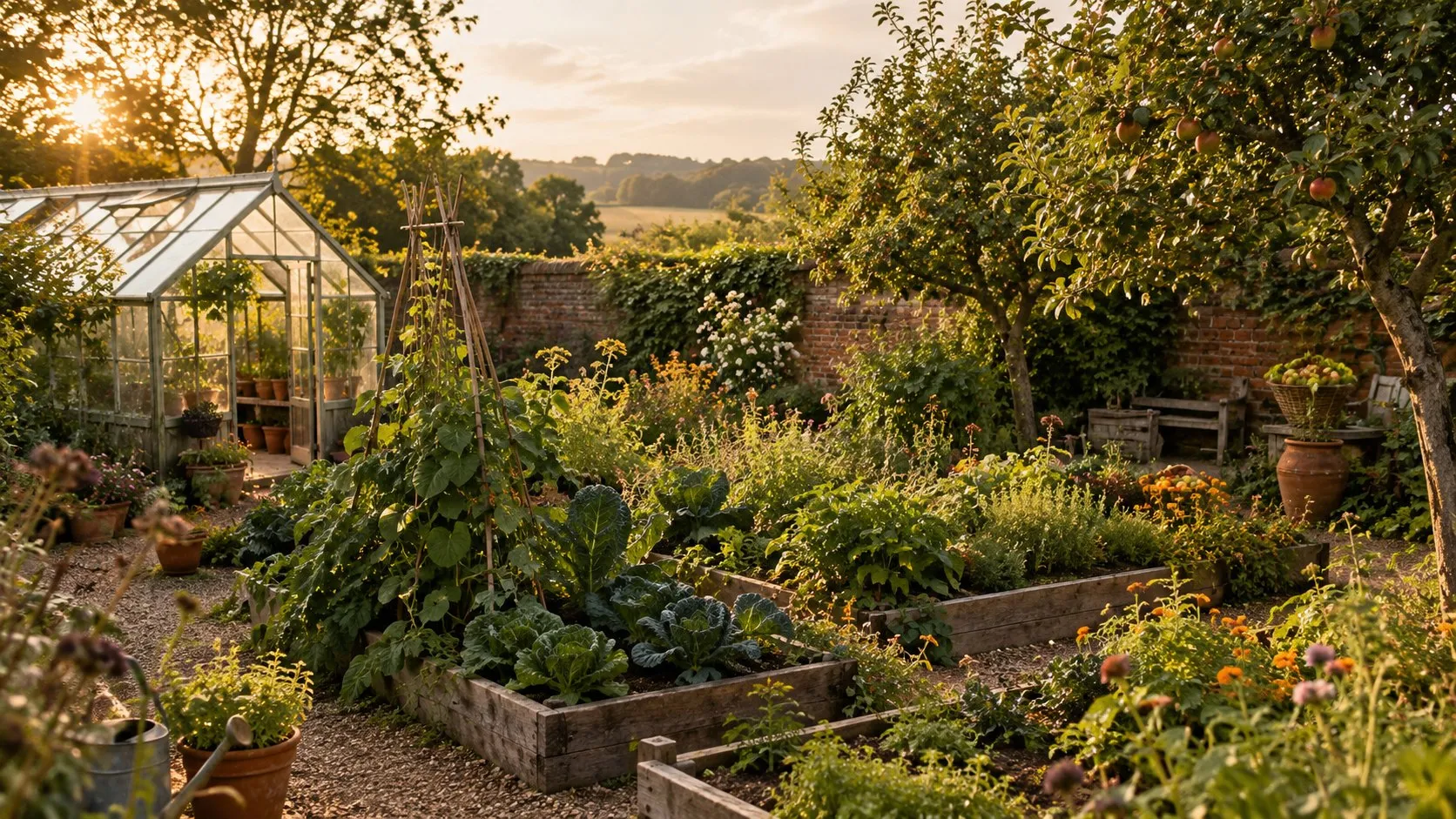 A cottage kitchen garden in late summer