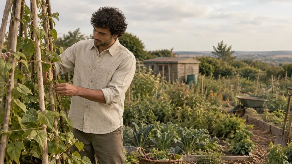 Tying runner-bean canes in an oat linen-cotton work shirt