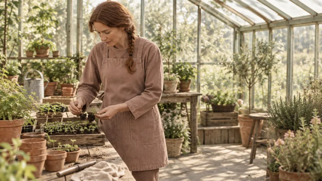 Pricking out seedlings in the glasshouse in a clay apron-front smock