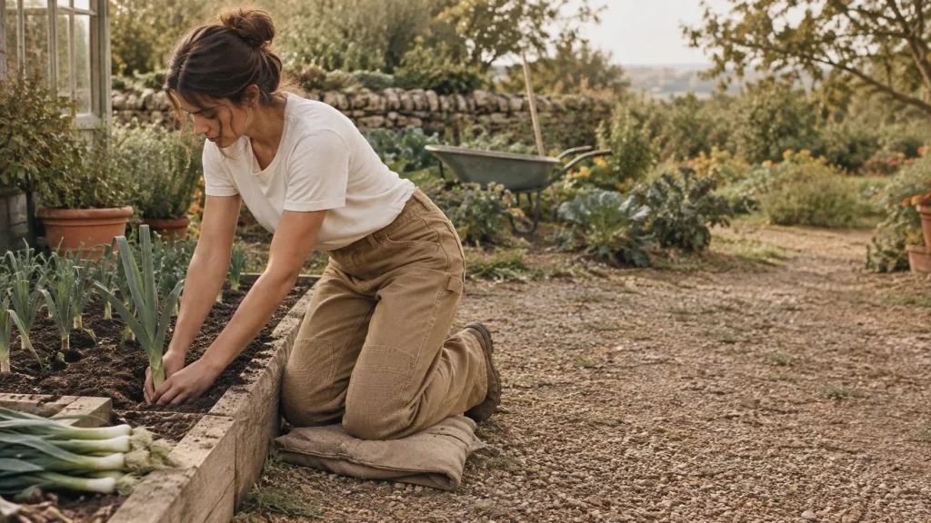 Planting leeks in tan double-knee canvas work trousers