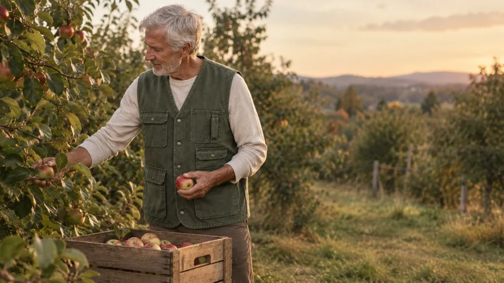 Picking apples in an olive canvas utility vest