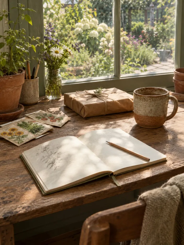 A desk by a garden window with a notebook and a parcel tied with twine
