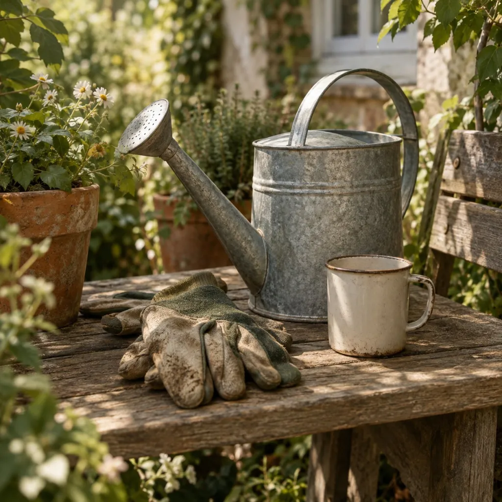 Gießkanne, Handschuhe und ein Blechbecher auf einer Gartenbank