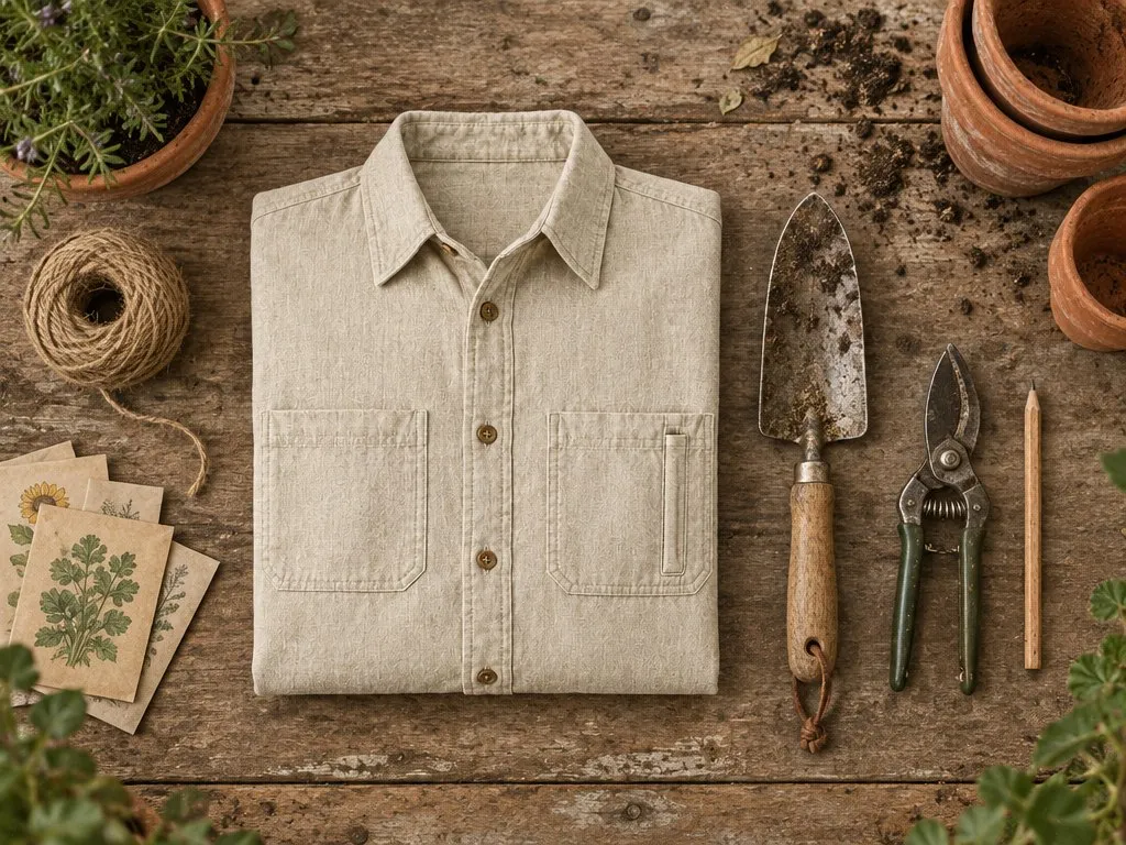 A folded work shirt with twine, trowel, seed packets and secateurs on a potting bench