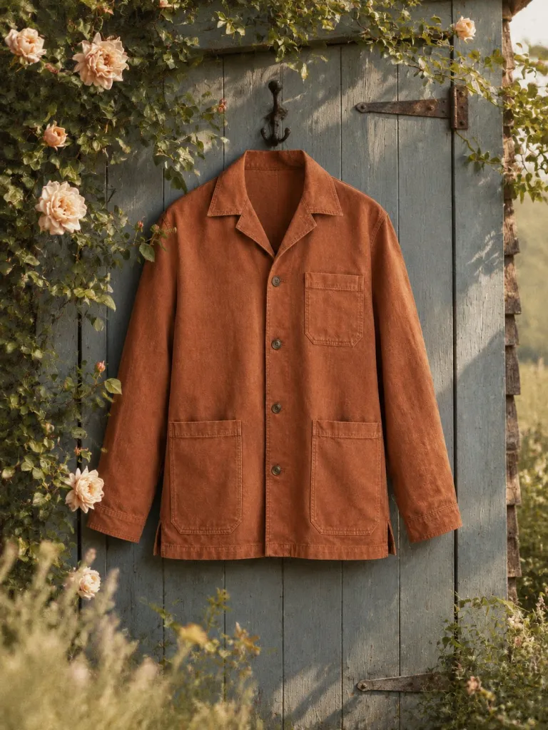 Ein terrakottafarbenes Overshirt an einer Schuppentür