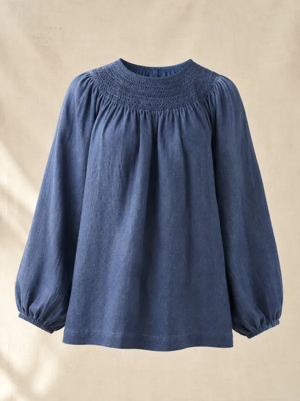 Harvest Smock Top in Indigo — front view