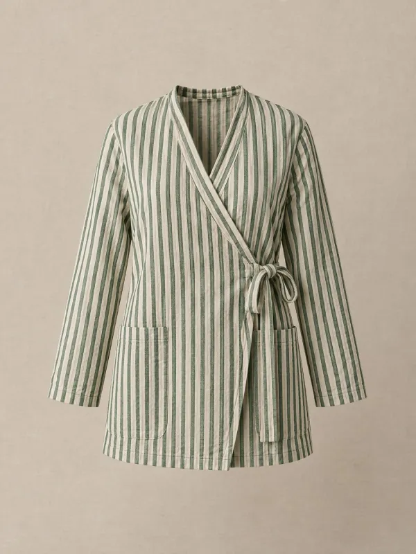 Wheelbarrow Wrap Smock in Green Ticking — front view