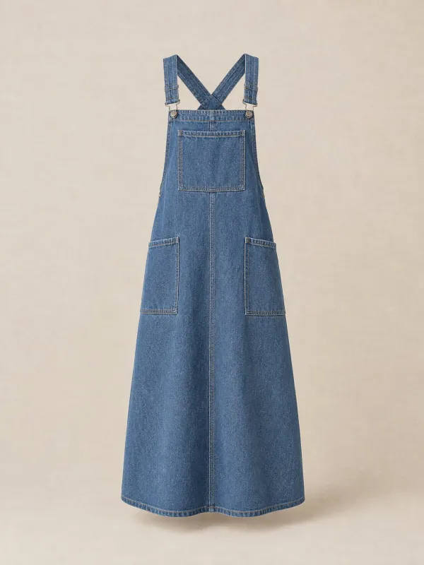 Cross-Back Pinafore Smock in Mid Denim — front view