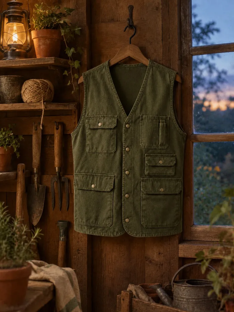 Eine Canvas-Weste mit Werkzeugtaschen hängt in der Dämmerung im Gartenschuppen