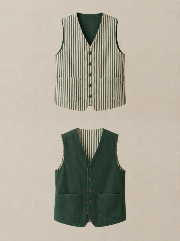 Two-Way Reversible Vest in Green Ticking — front view